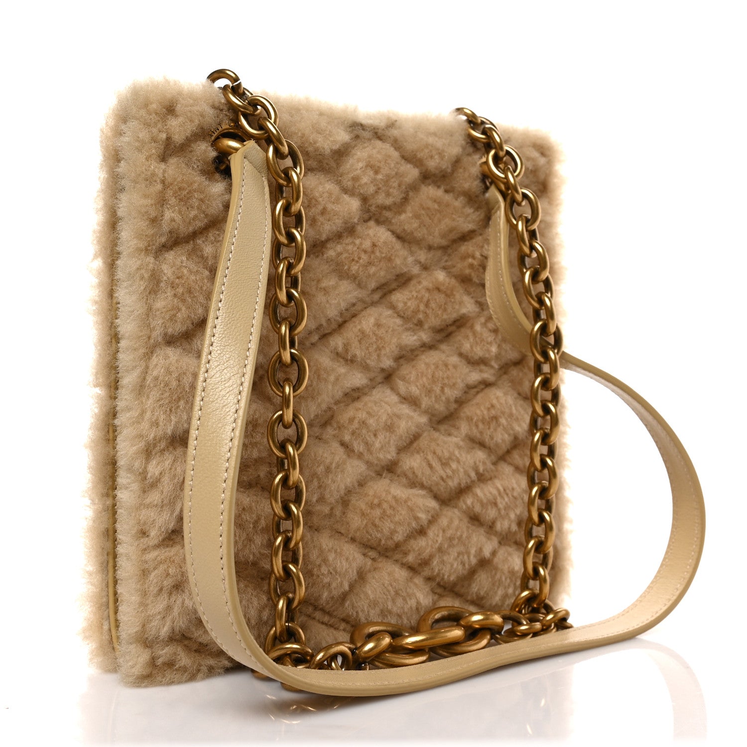 Saint Laurent Shearling Quilted Le Maillon Square Crossbody Bag Natural 3 of 8
