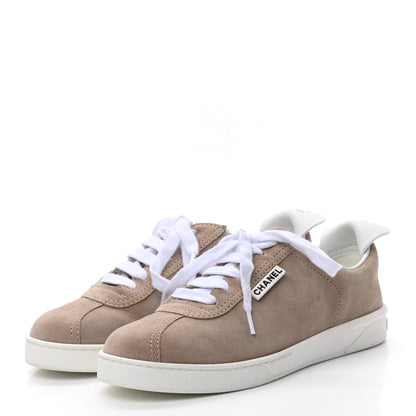 Chanel Suede Calfskin Womens Sneakers 37.5 Dark Beige 3 of 8