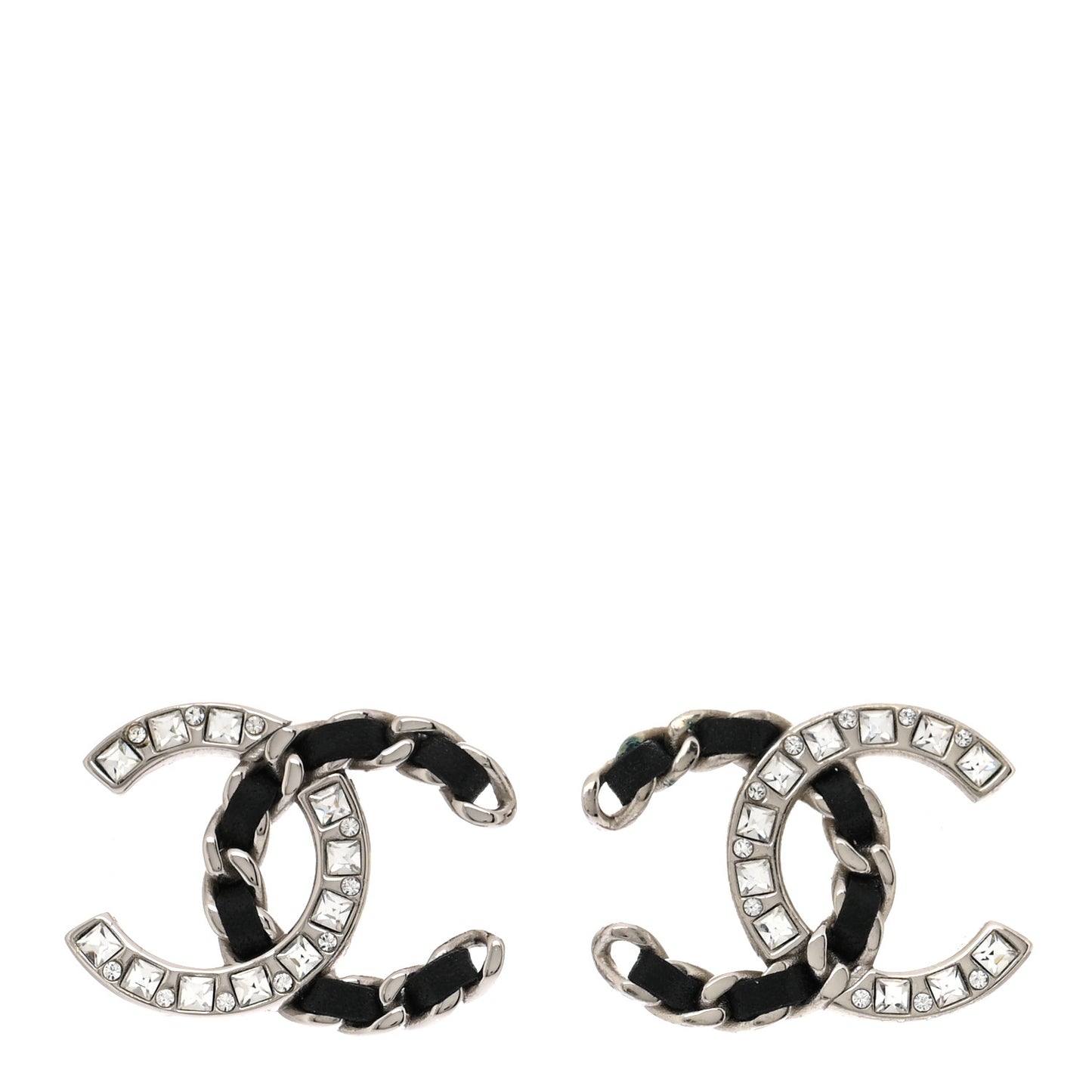 Crystal Baguette Lambskin Large CC Earrings Silver Black