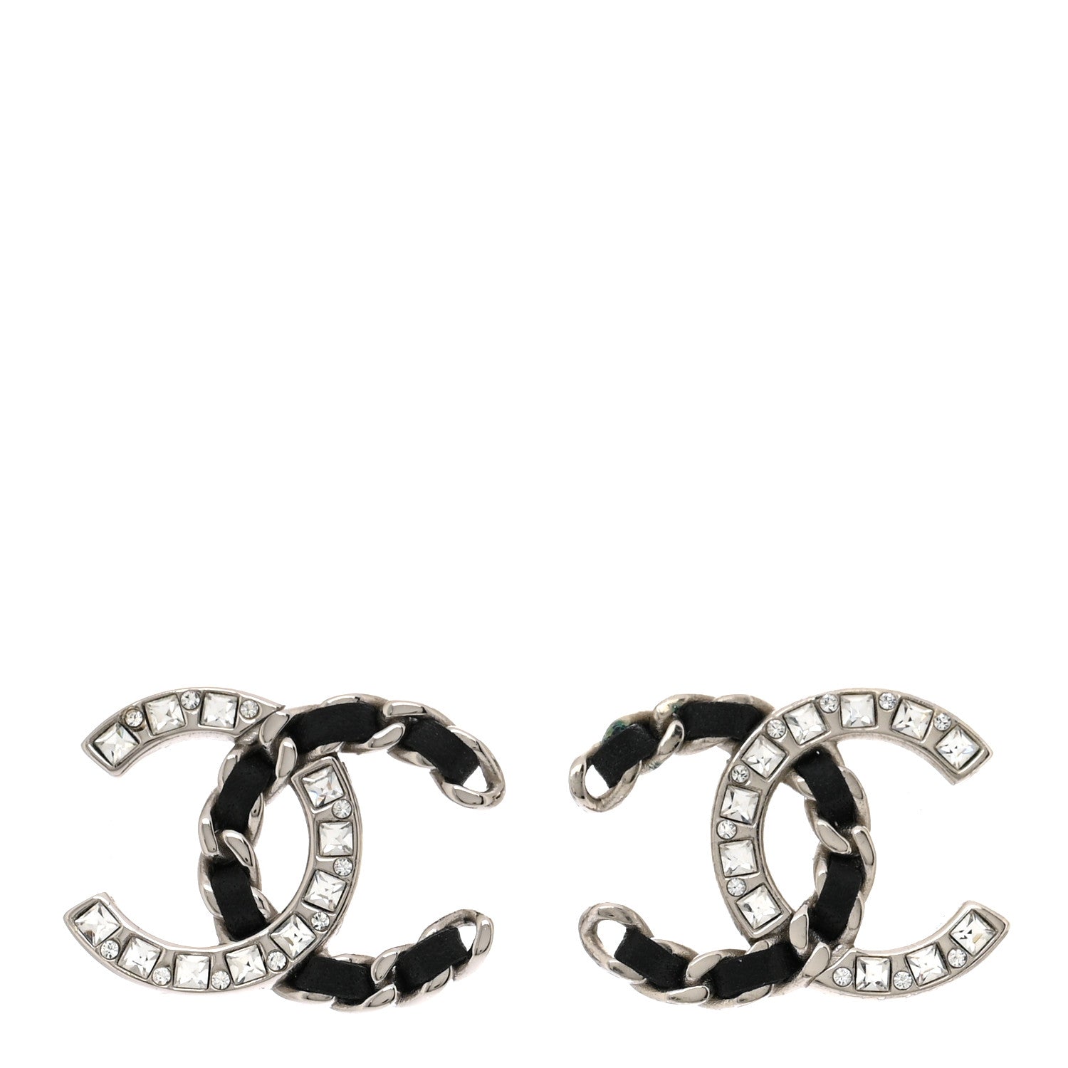 Chanel Crystal Baguette Lambskin Large CC Earrings Silver Black 1 of 5