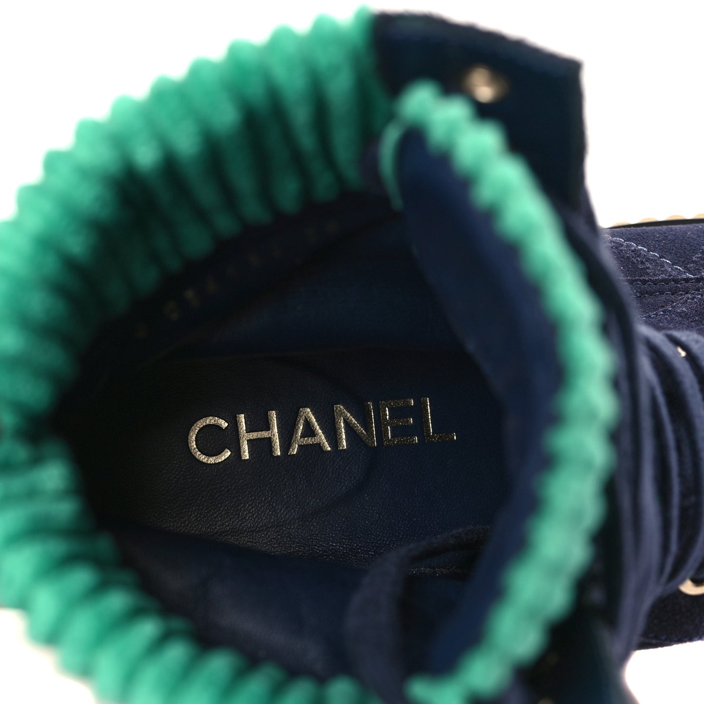 Suede Calfskin Velvet Quilted CC Combat Boots 38 Navy Green Black