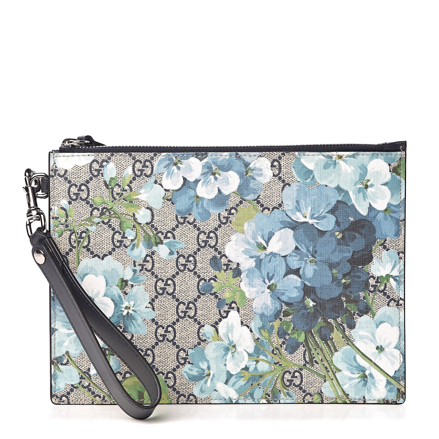 GG Supreme Monogram Blooms Small Zip Wristlet Pouch Beige Blue Black