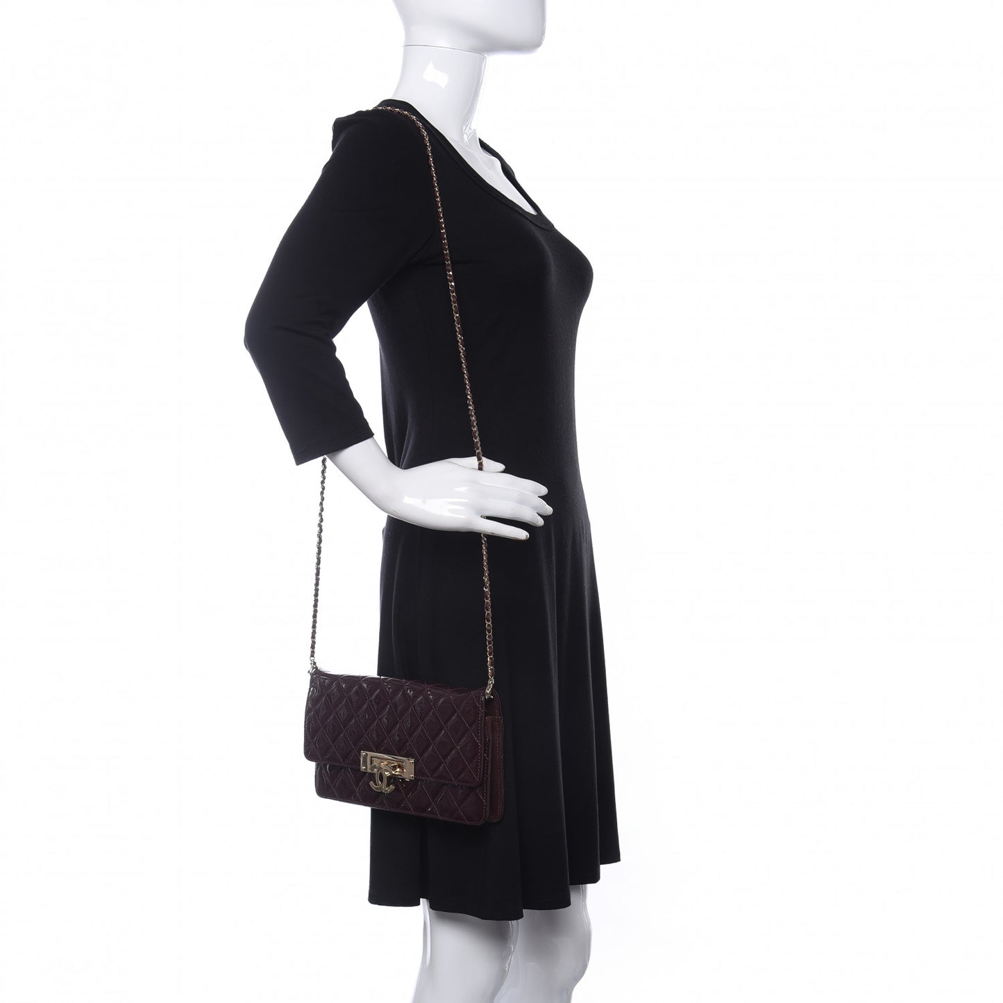Patent Quilted Golden Class Wallet on Chain WOC Burgundy