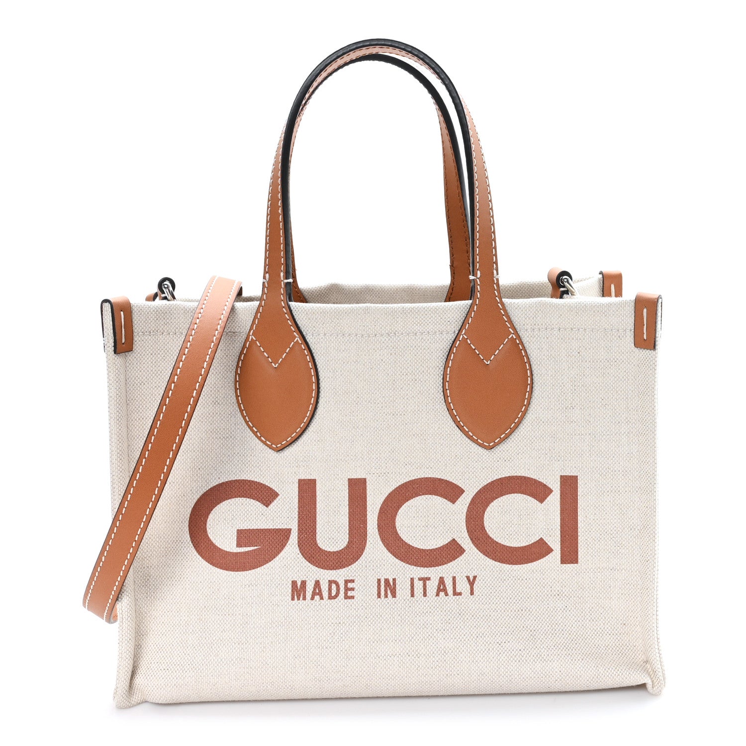 Gucci Canvas Calfskin Logo Print Medium Tote Bag Brown 1 of 11