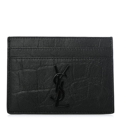 Saint Laurent Calfskin Crocodile Embossed Monogram Credit Card Case Black 1 of 7