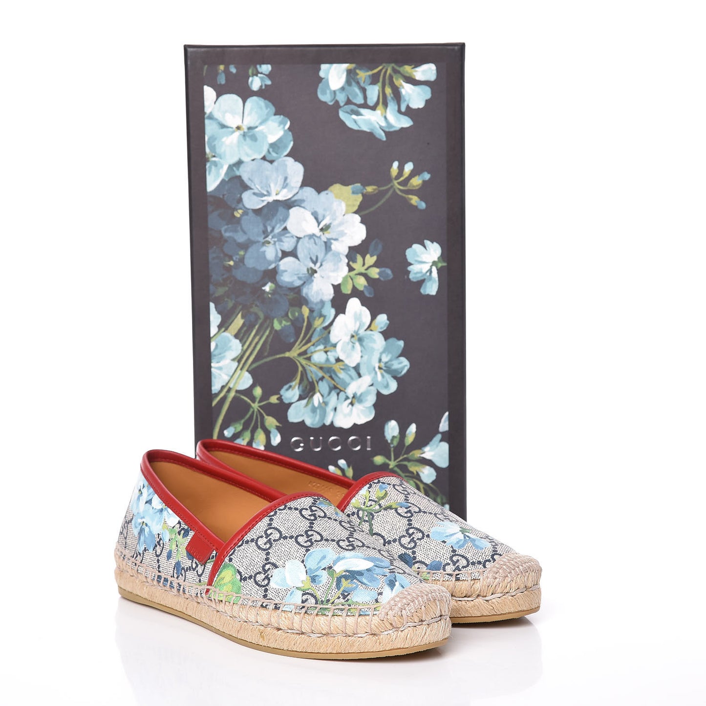 GG Supreme Monogram Blooms Espadrilles 36 Beige Blue Navy Hibiscus Red