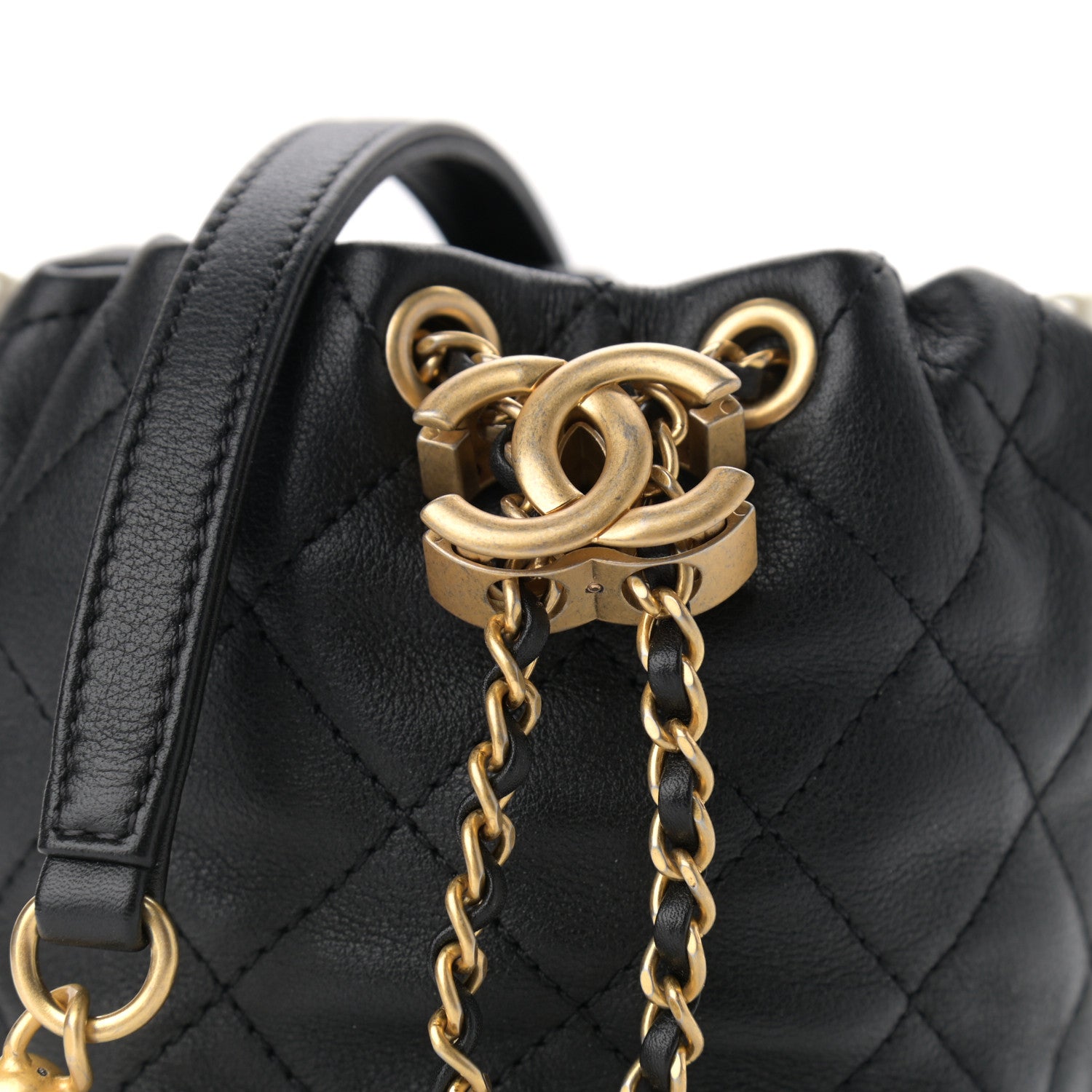 Chanel Calfskin Quilted Pearl Mini About Pearls Drawstring Bucket Bag Black 9 of 11