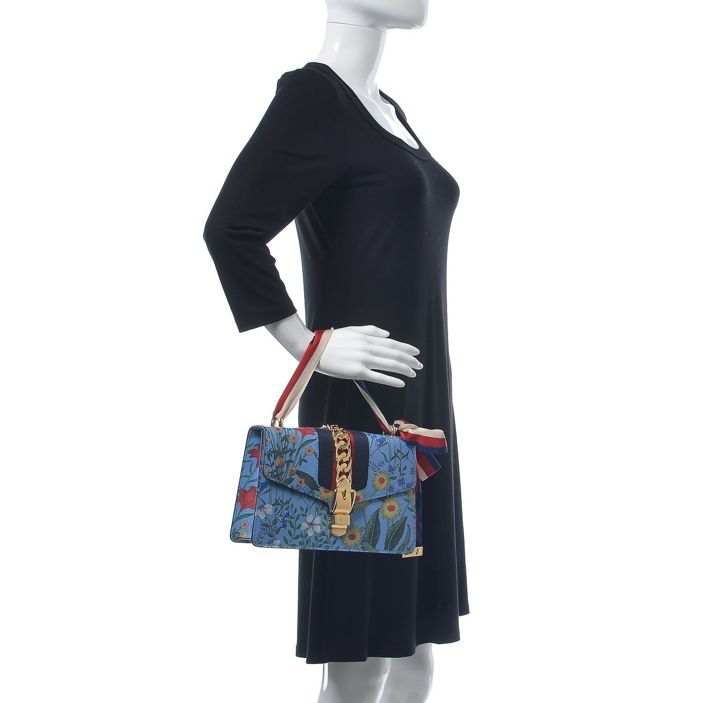 Shangai Calfskin Web New Flora Small Sylvie Shoulder Bag Azure