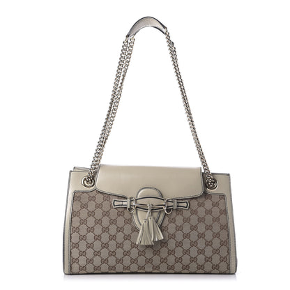 Gucci Monogram Margaux Calfskin Large Emily Chain Shoulder Bag Beige Ebony Mystic White 1 of 9