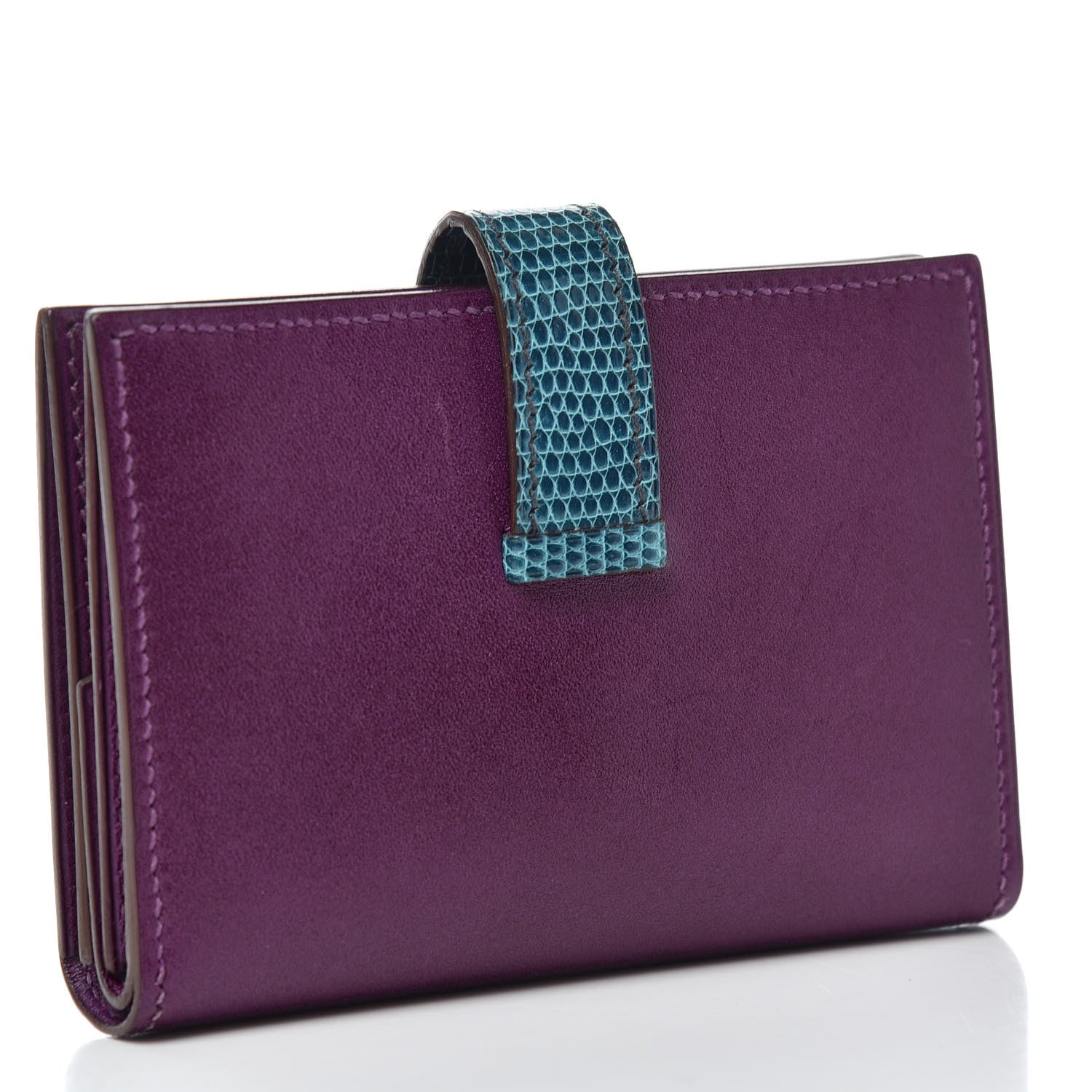 Hermes Tadelakt Lizard Bearn Card Holder Wallet Violet Bleu Petrole 3 of 6