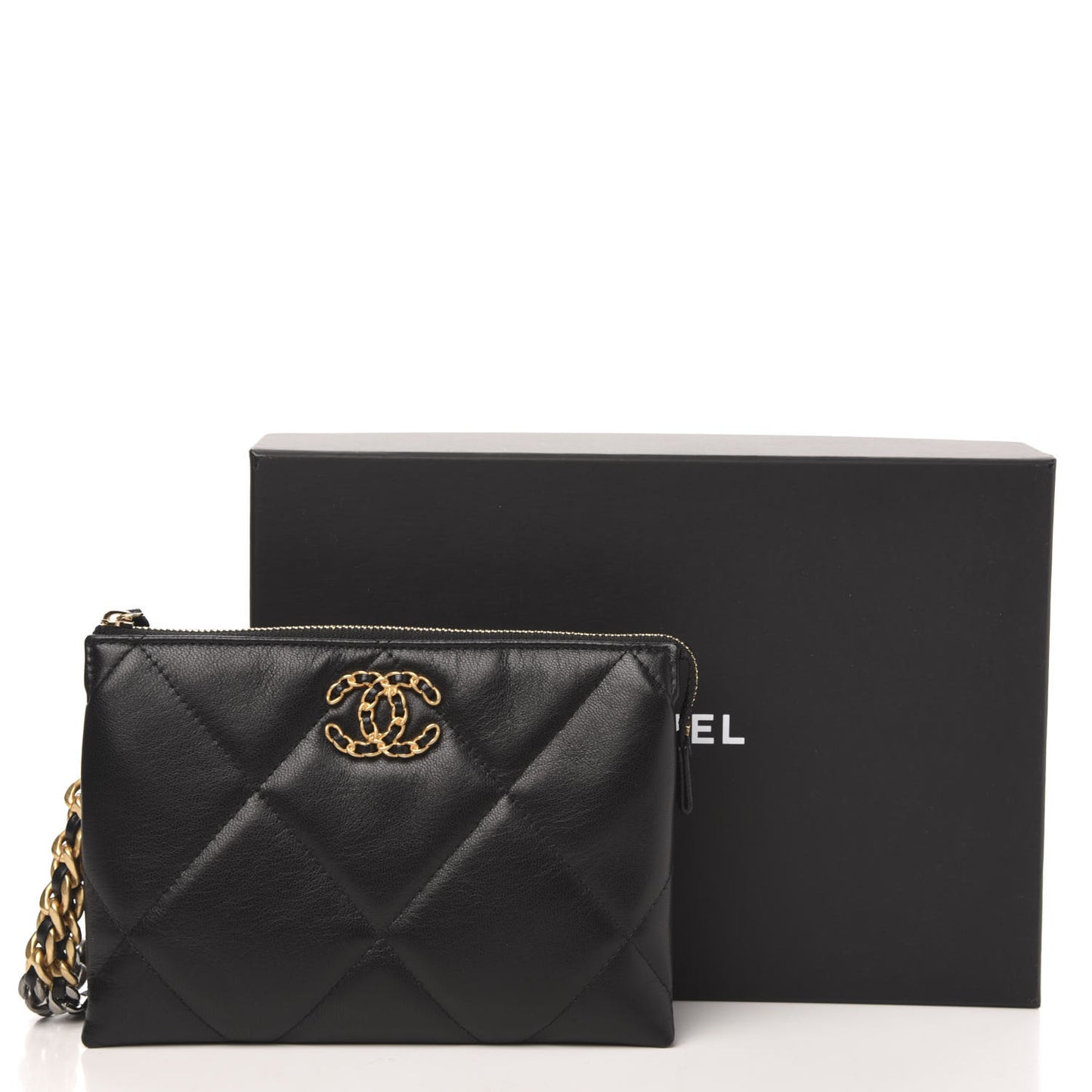 Shiny Goatskin Quilted Small Chanel 19 Pouch With Handle Black