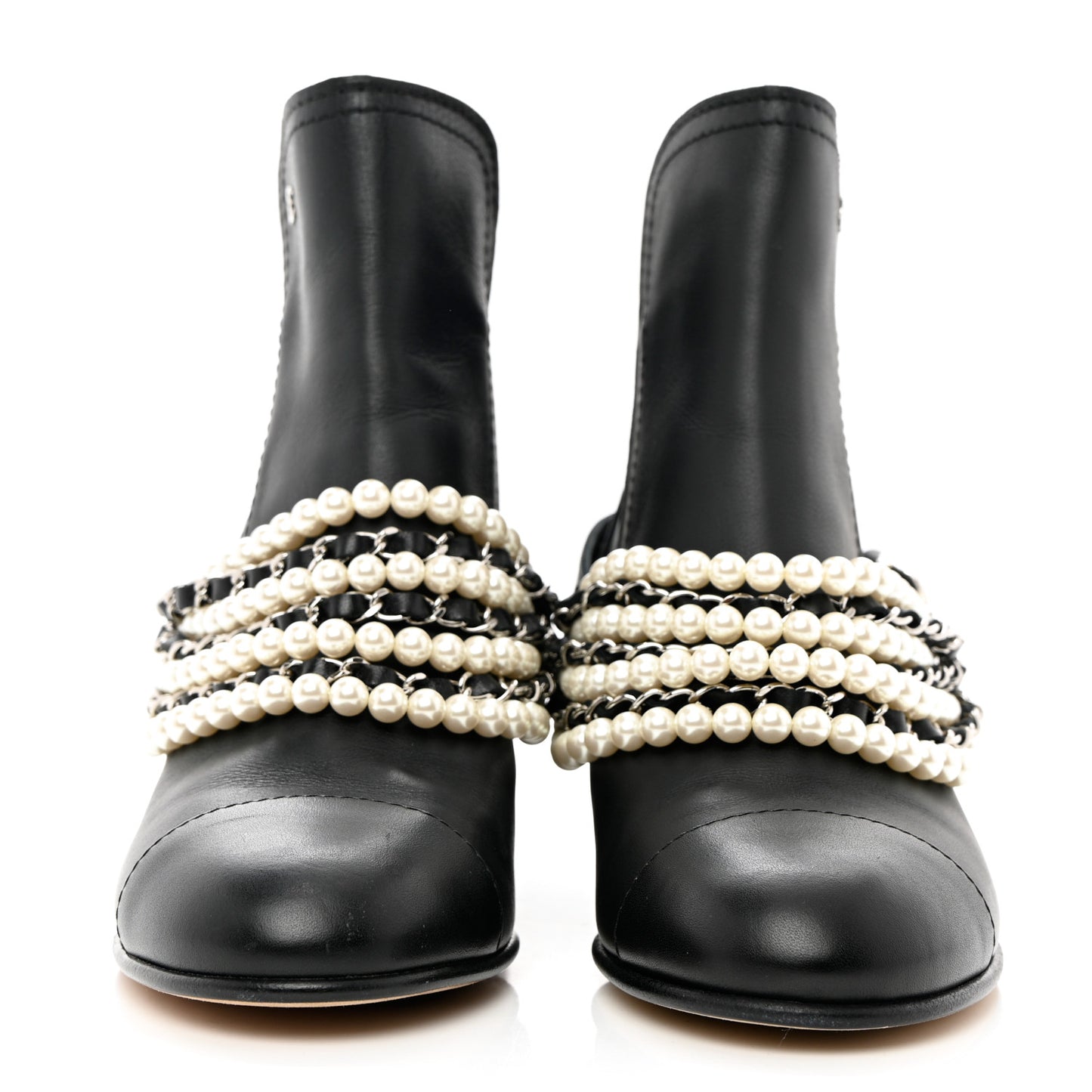 Calfskin Pearl Cap Toe Short Boots 37 Black