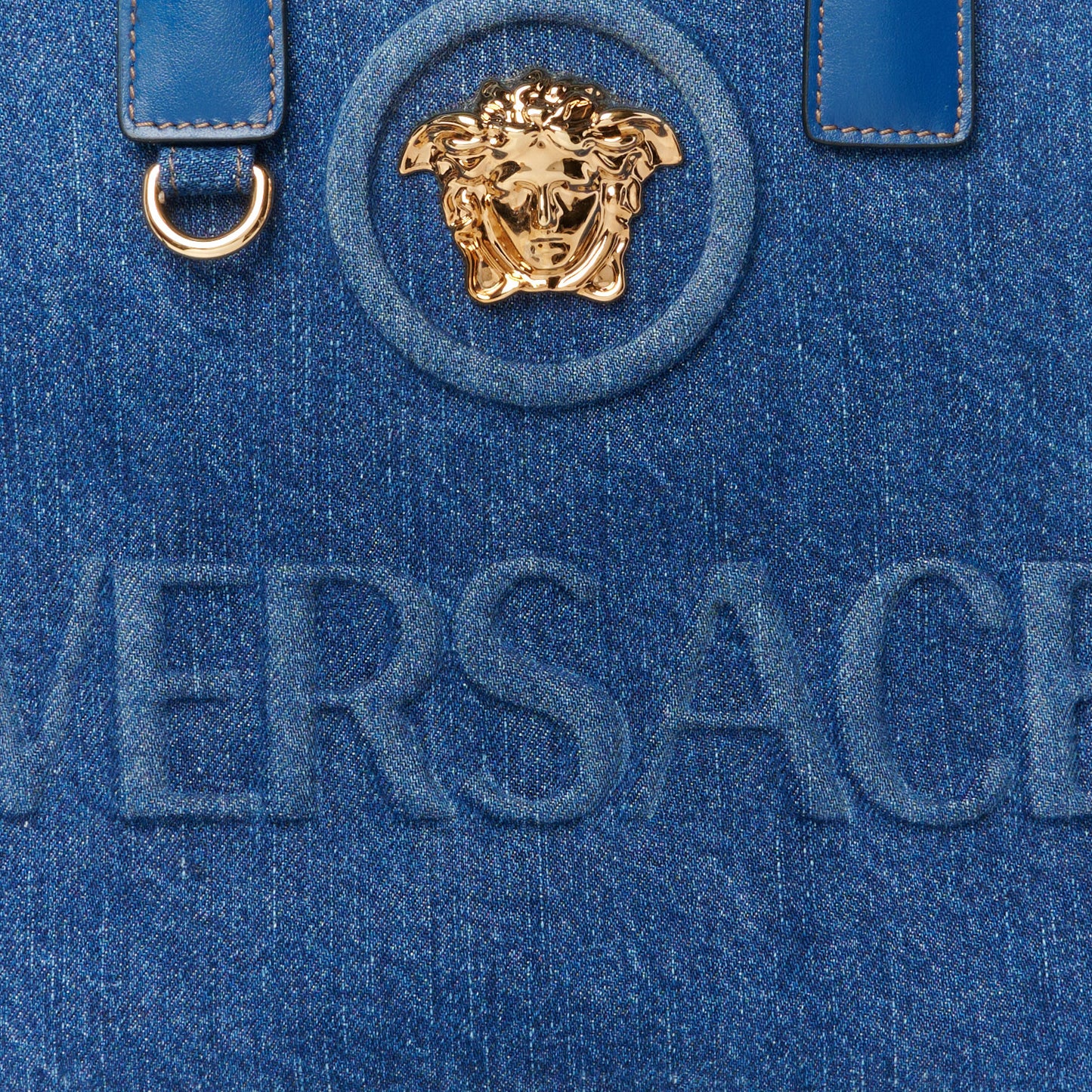 Denim Calfskin La Medusa Small Tote Bag Blue