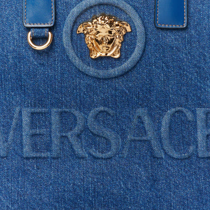Versace Denim Calfskin La Medusa Small Tote Bag Blue 8 of 10