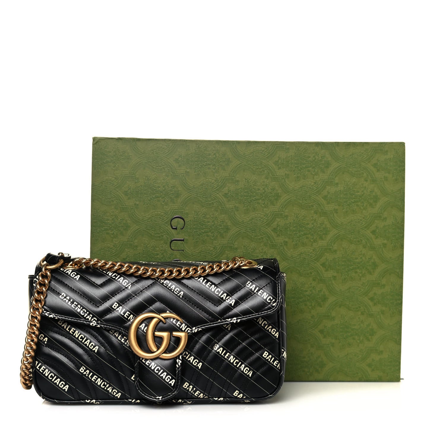 X BALENCIAGA Calfskin Matelasse Logo Print Small GG Marmont Shoulder Bag Black