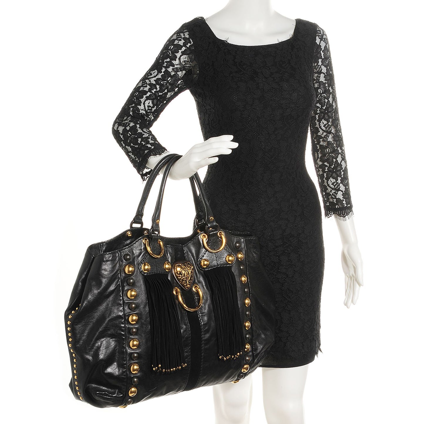 Leather Suede Fringe Large Babouska Tote Black