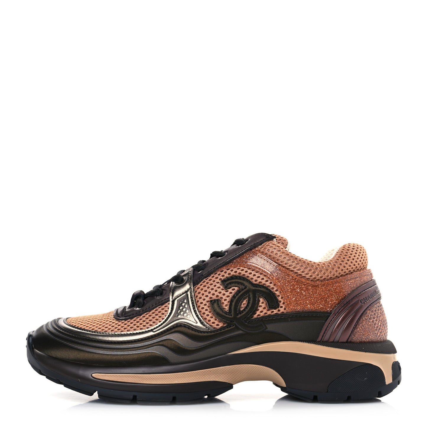 Fabric Laminated Calfskin Stretch CC Womens Sneakers 39 Brown Dark Grey