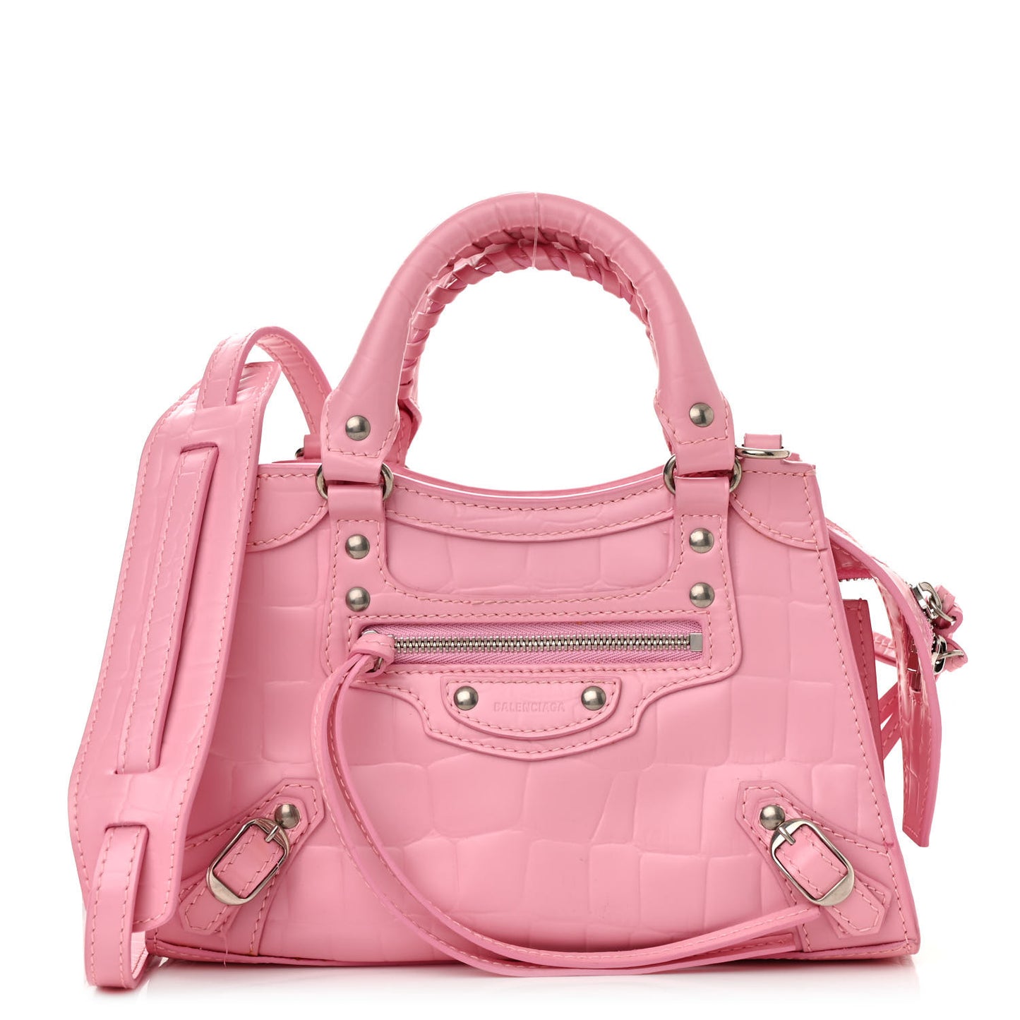 Semi Shiny Calfskin Crocodile Embossed Neo Classic Silver Hardware Mini City Pink