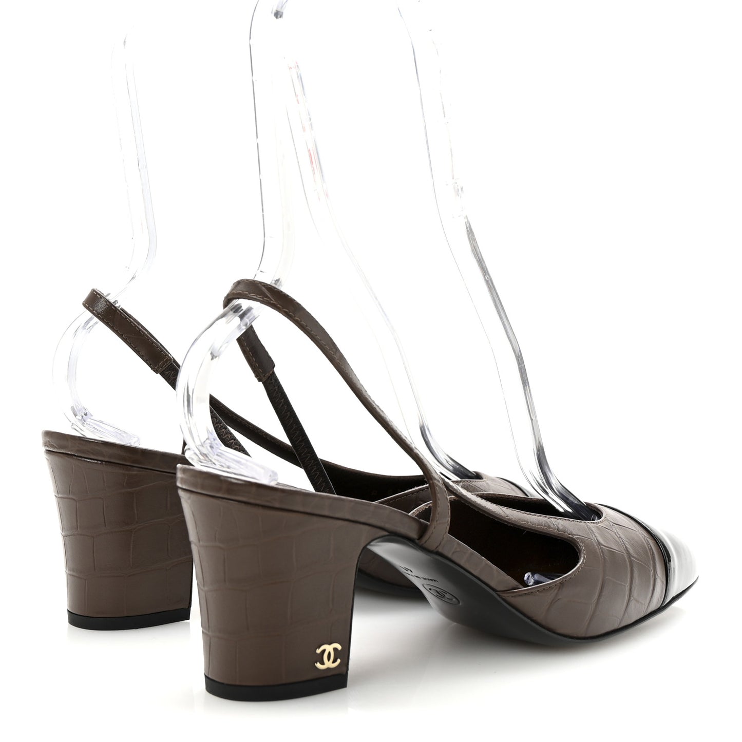 Calfskin Crocodile Embossed Patent Cap Toe CC Slingback Sandals 41 Brown Black