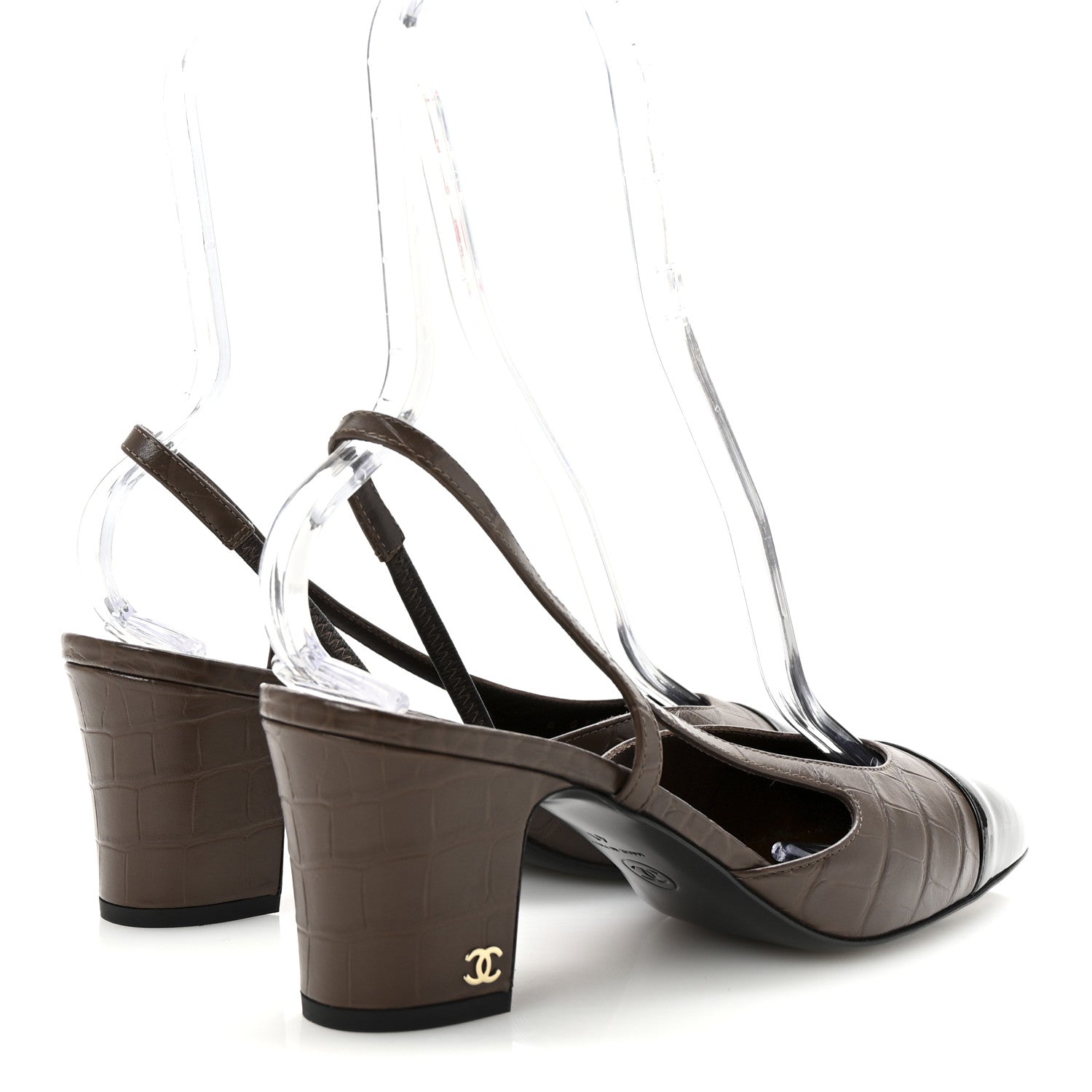 Chanel Calfskin Crocodile Embossed Patent Cap Toe CC Slingback Sandals 41 Brown Black 5 of 9