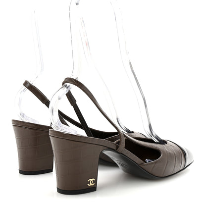 Chanel Calfskin Crocodile Embossed Patent Cap Toe CC Slingback Sandals 41 Brown Black 5 of 9
