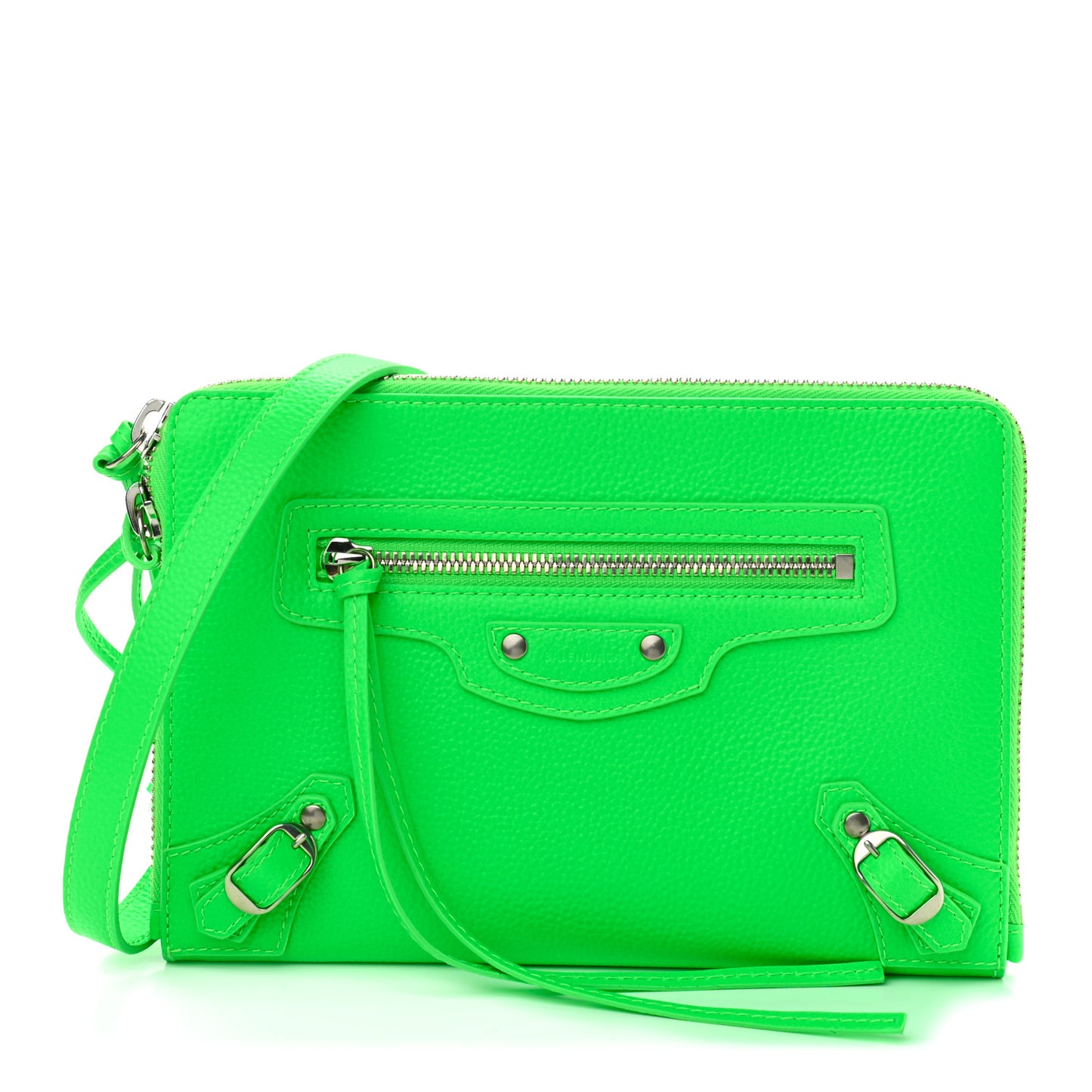 Grained Calfskin Neo Classic Silver Hardware Zip Around Crossbody Fluo Green