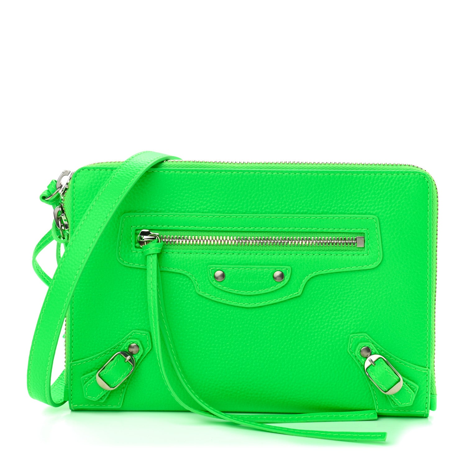 Balenciaga Grained Calfskin Neo Classic Silver Hardware Zip Around Crossbody Fluo Green 1 of 10