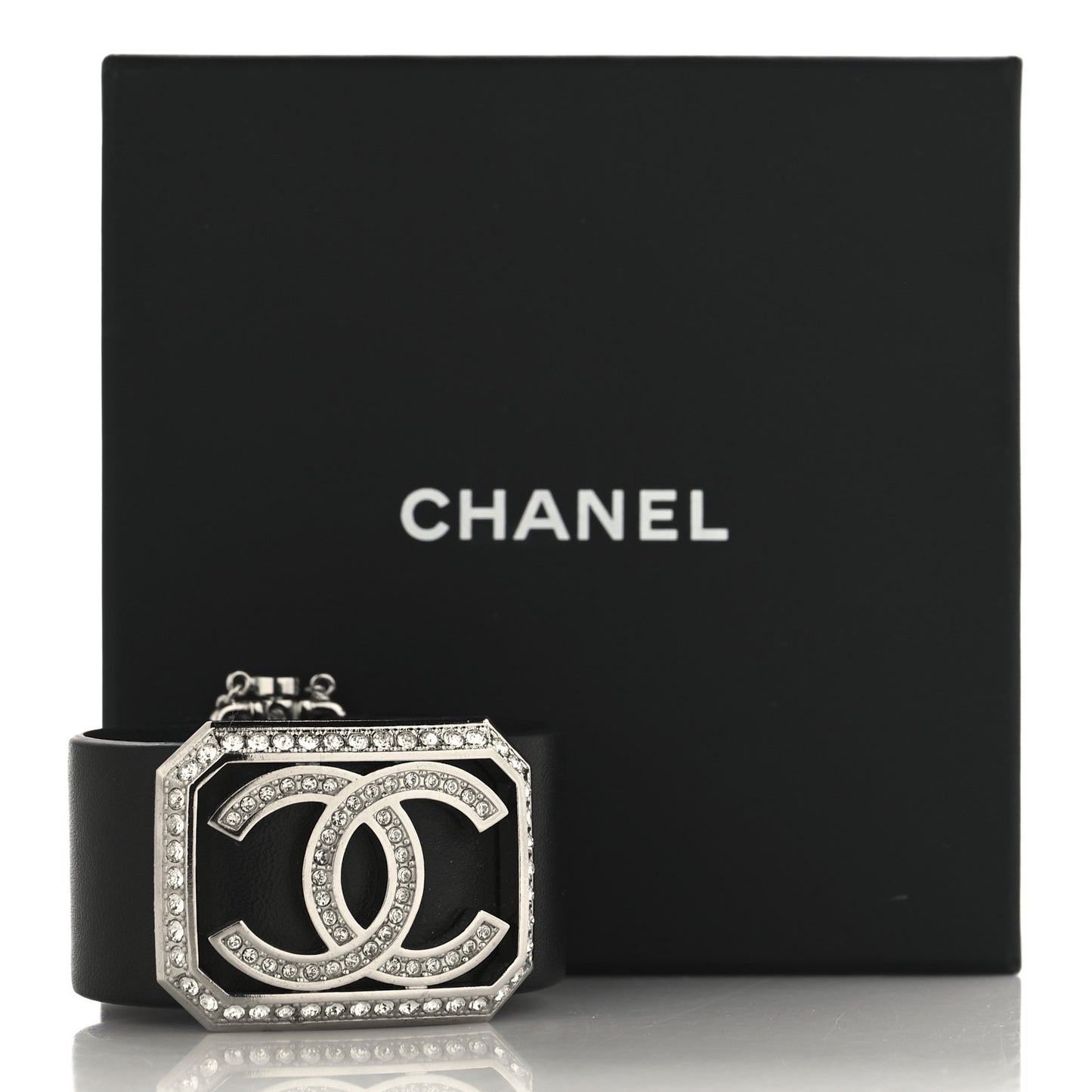 Calfskin Crystal CC Cuff Bracelet S Black