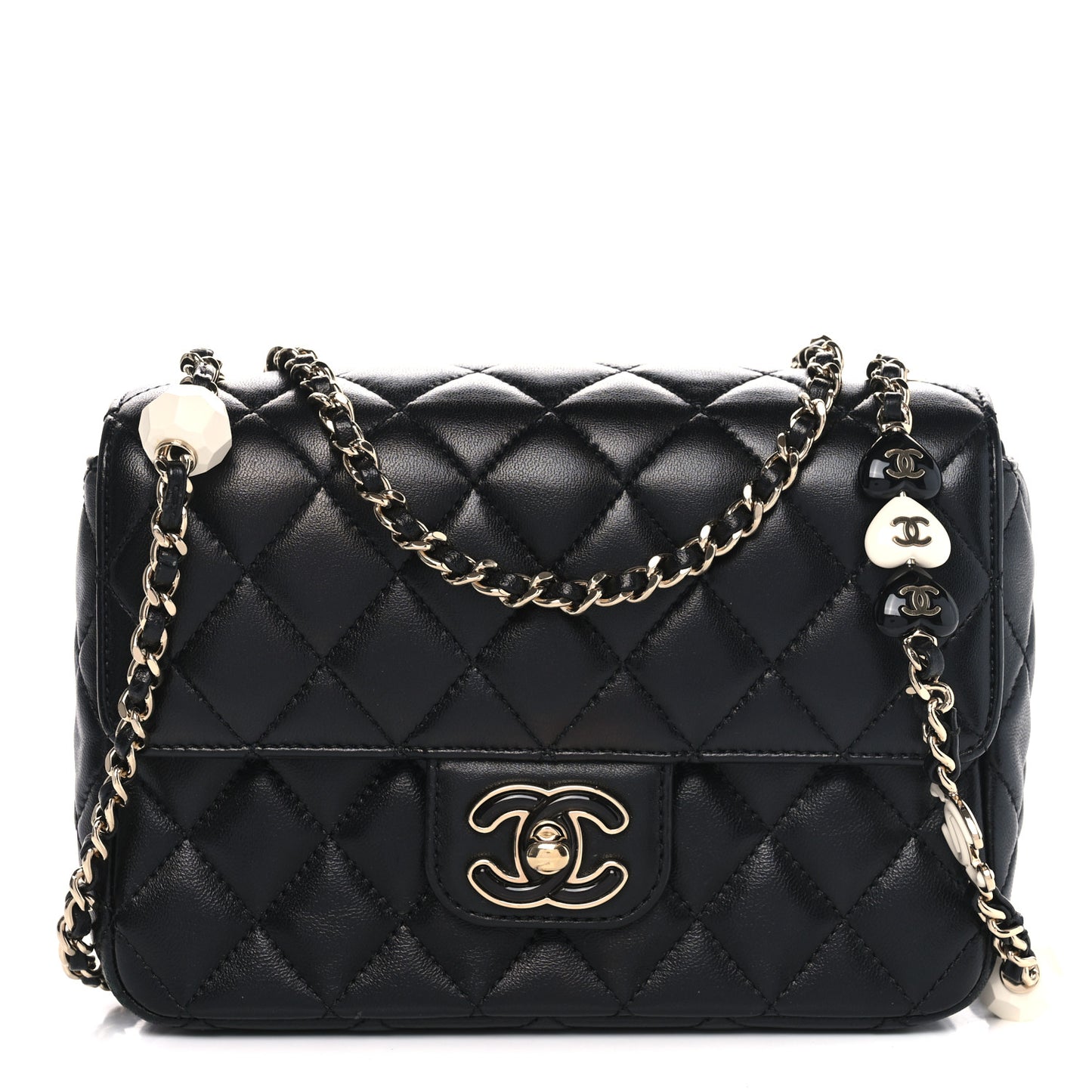 Lambskin Resin Quilted Mini Heart Square Flap Black