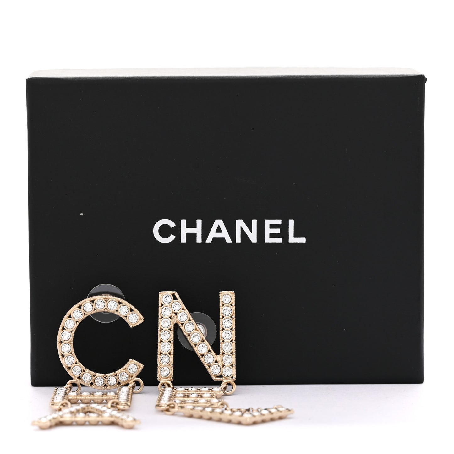 Crystal Cha-Nel Logo Drop Earrings Gold