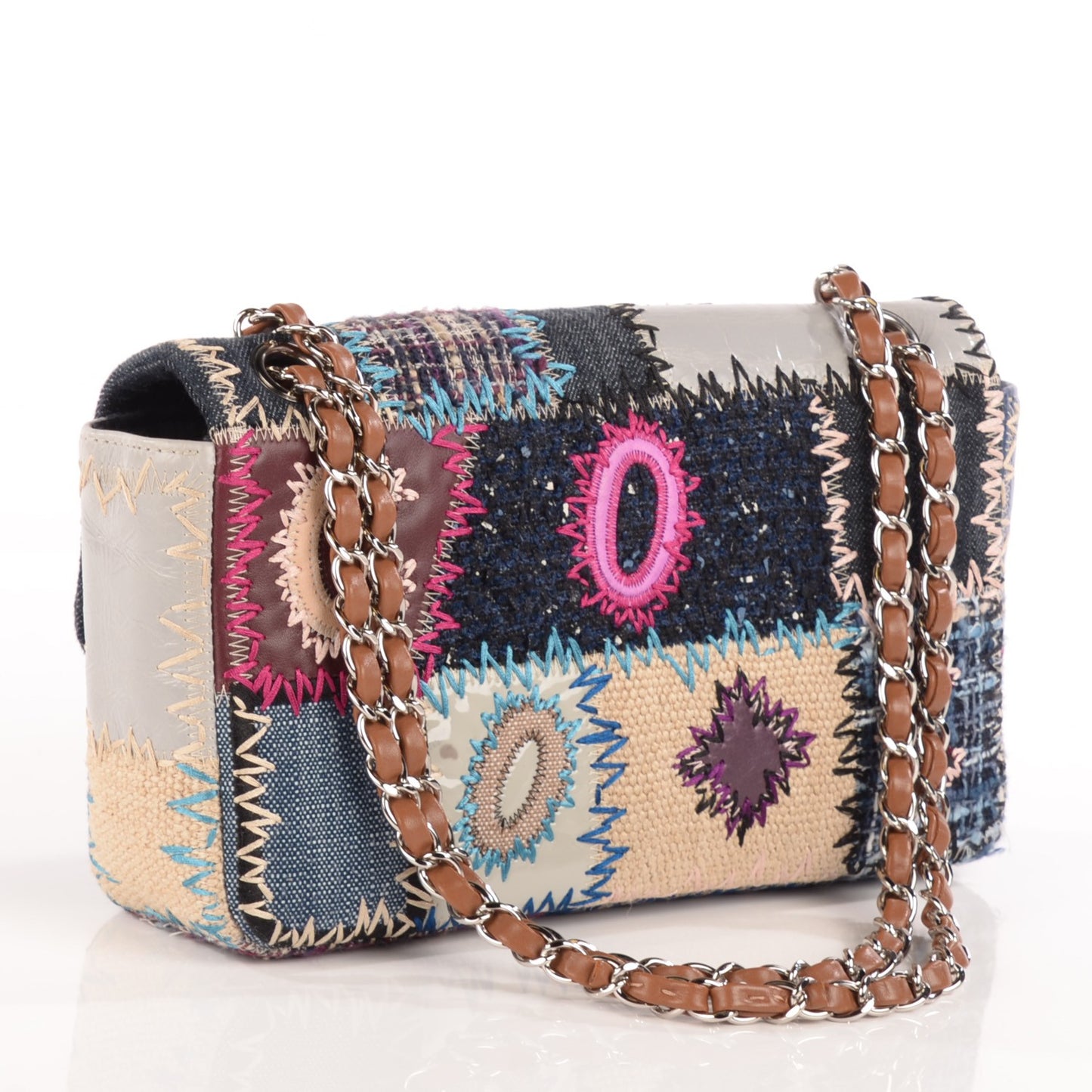 Denim Tweed Patchwork Medium Single Flap Multicolor