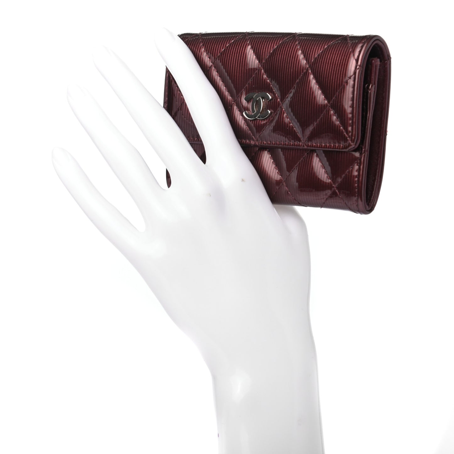 Striated Patent Quilted Flap Card Holder Burgundy