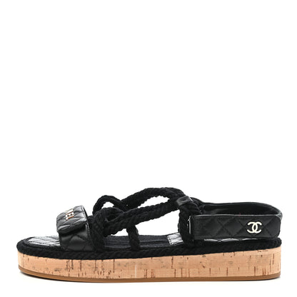 Chanel Cord Lambskin Quilted Logo Sandals 38 Black 1 of 4