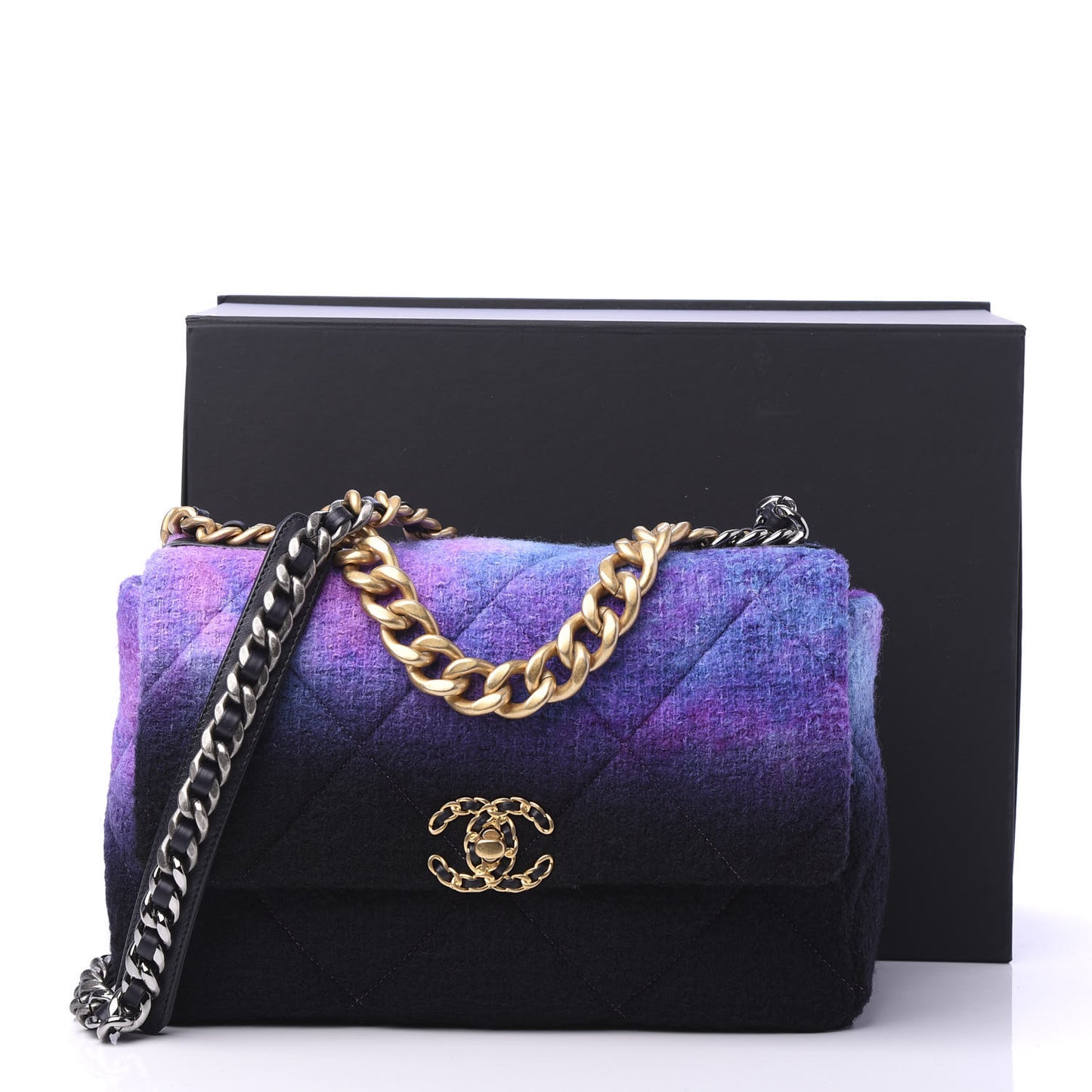Wool Tweed Quilted Large 19 Flap Purple Black Blue