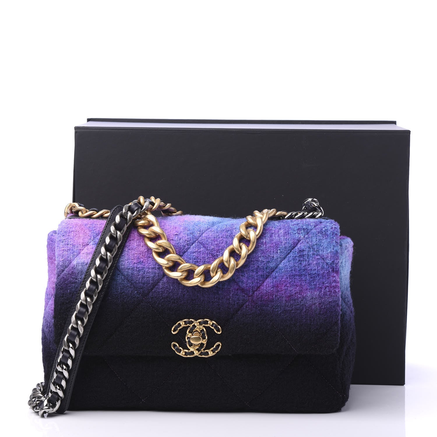Chanel Wool Tweed Quilted Large 19 Flap Purple Black Blue 11 of 11