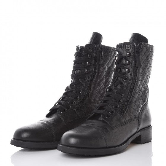 Chanel Sheepskin Quilted CC Tall Lace Up Combat Boots 40.5 Black 3 of 6