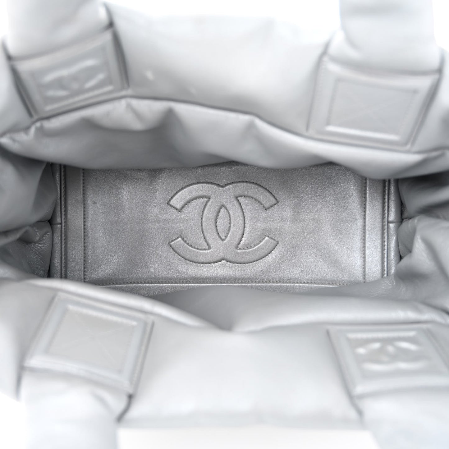 Metallic Lambskin Quilted Small Coco Cocoon Reversible Tote Light Grey