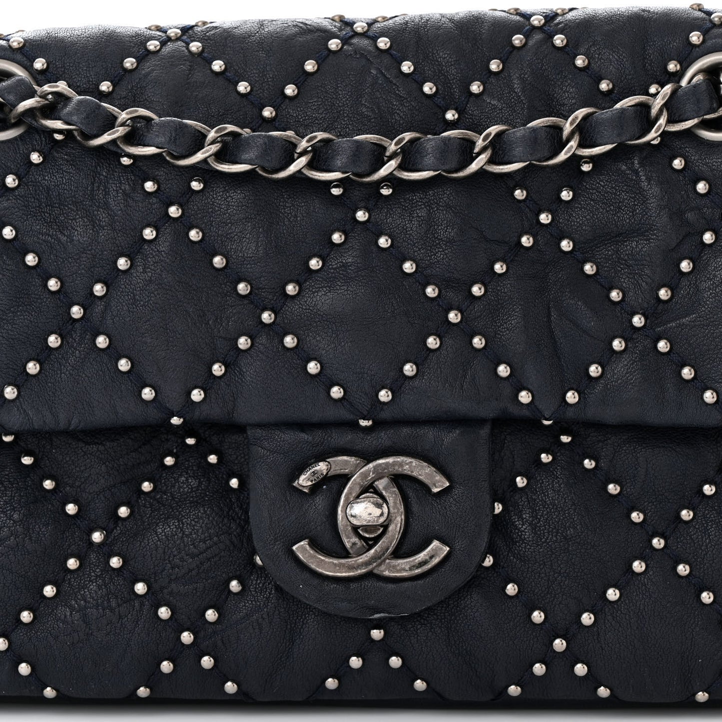Washed Lambskin Studded Metal Beauty Flap Navy