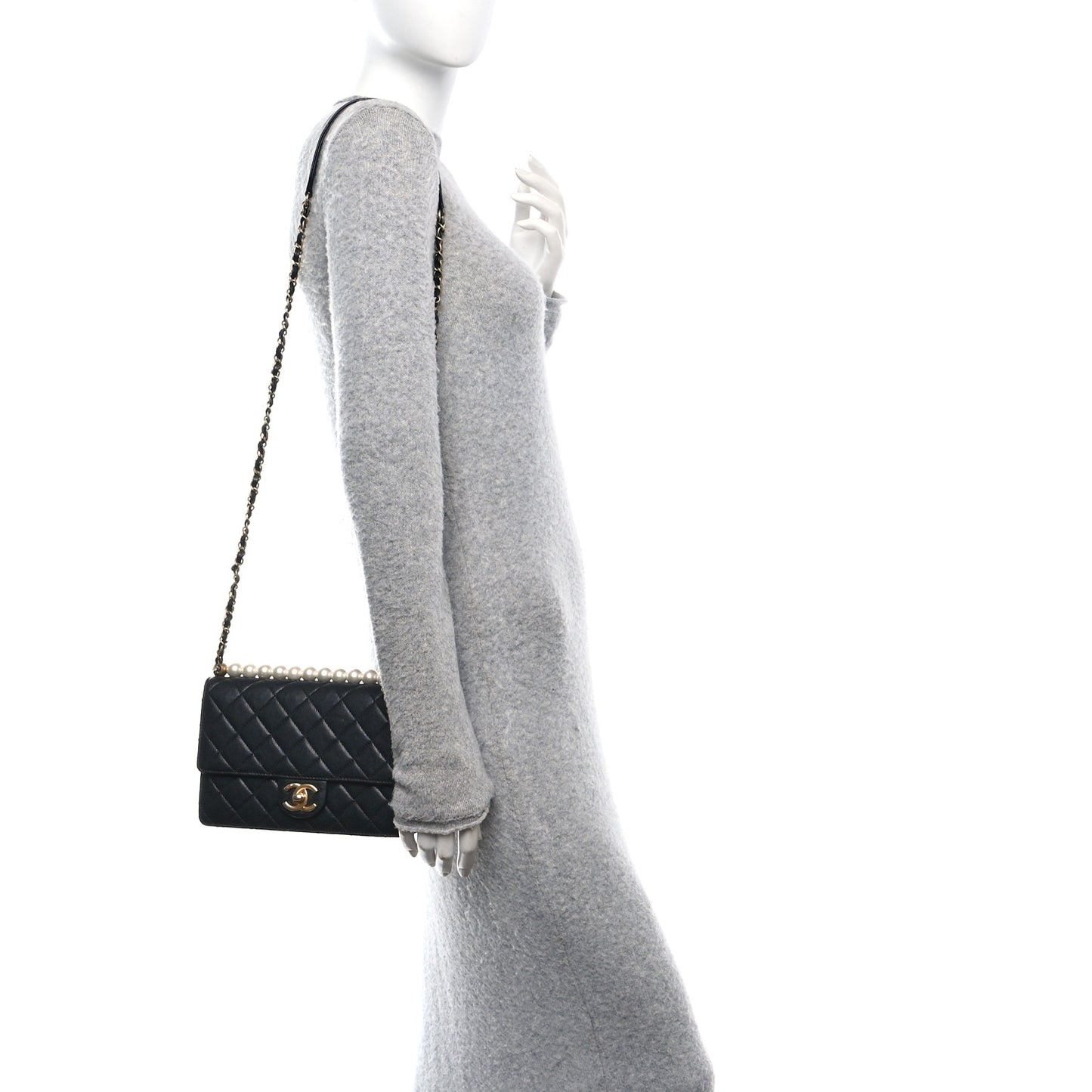 Goatskin Quilted Small Chic Pearls Flap Black