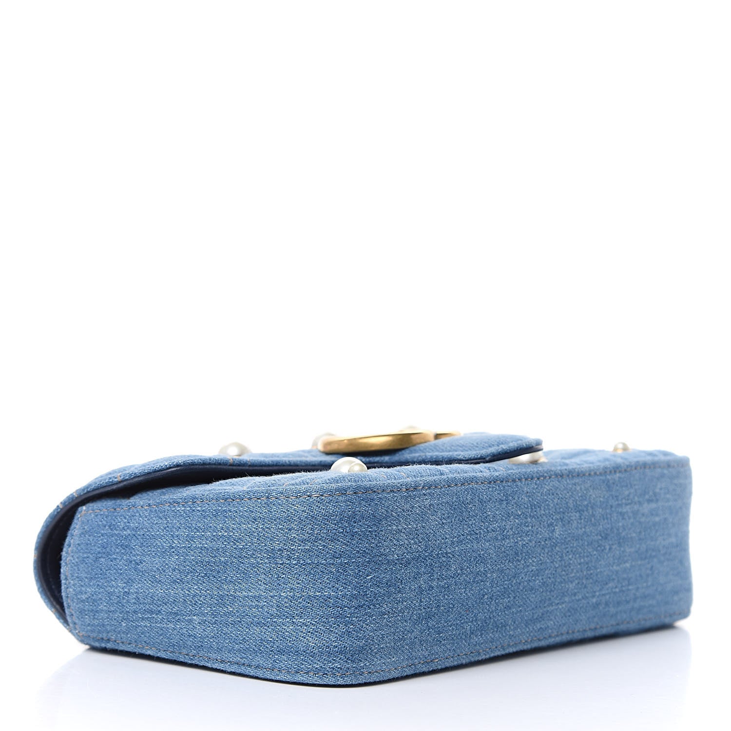 Gucci Denim Matelasse Pearl Studded Mini GG Marmont Shoulder Bag Blue 4 of 11