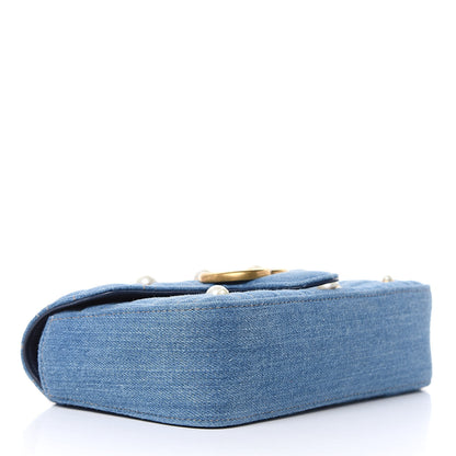 Gucci Denim Matelasse Pearl Studded Mini GG Marmont Shoulder Bag Blue 4 of 11