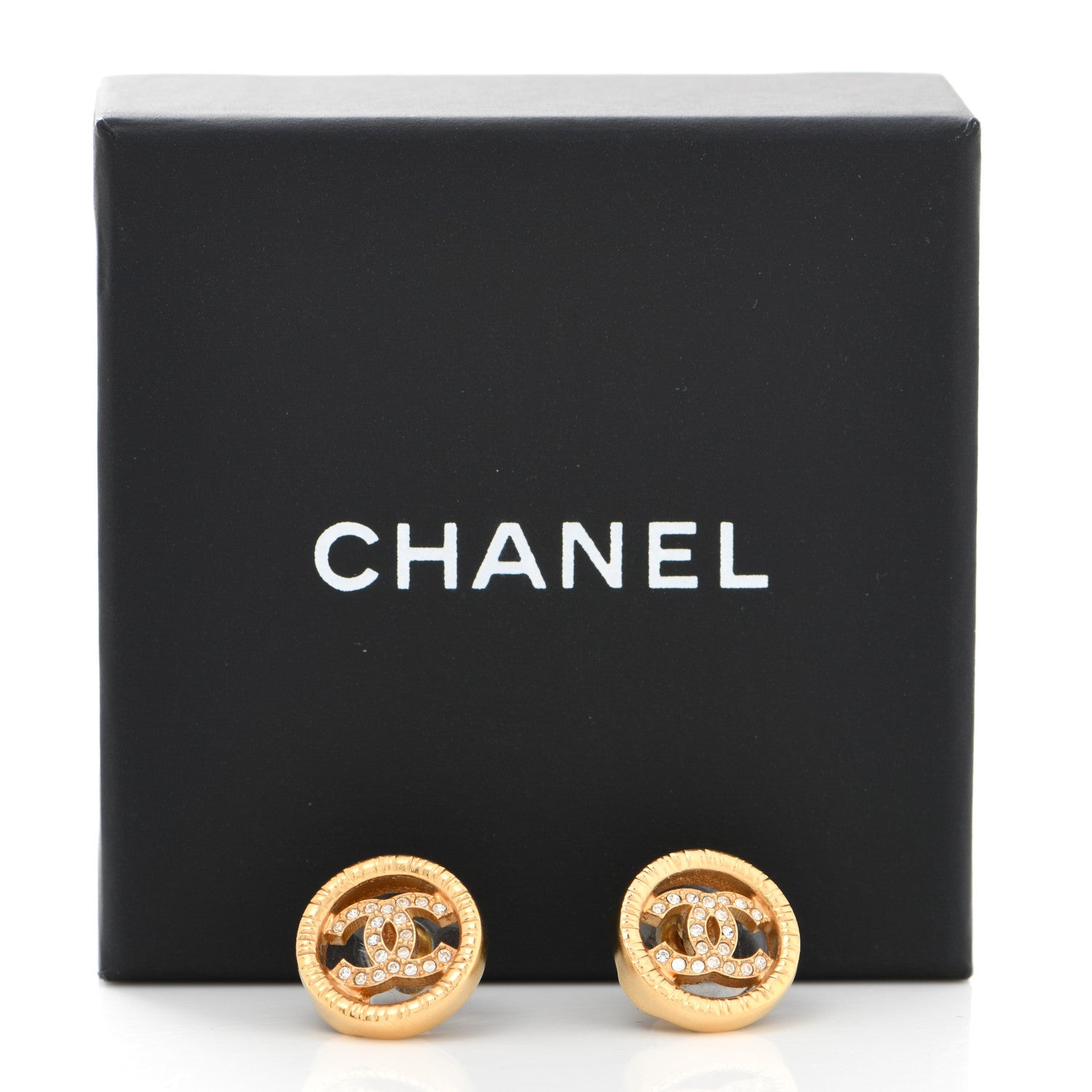 Chanel Metal Crystal Textured CC Round Earrings Gold 5 of 5
