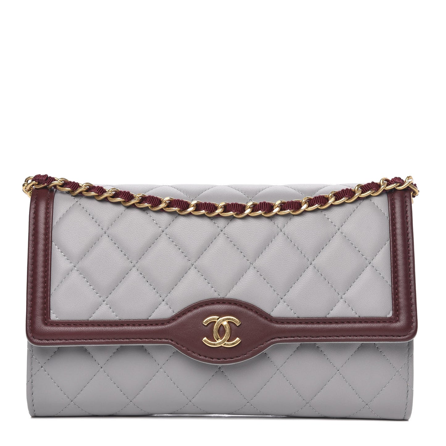 Lambskin Quilted Wallet With Removable Chain Grey Burgundy