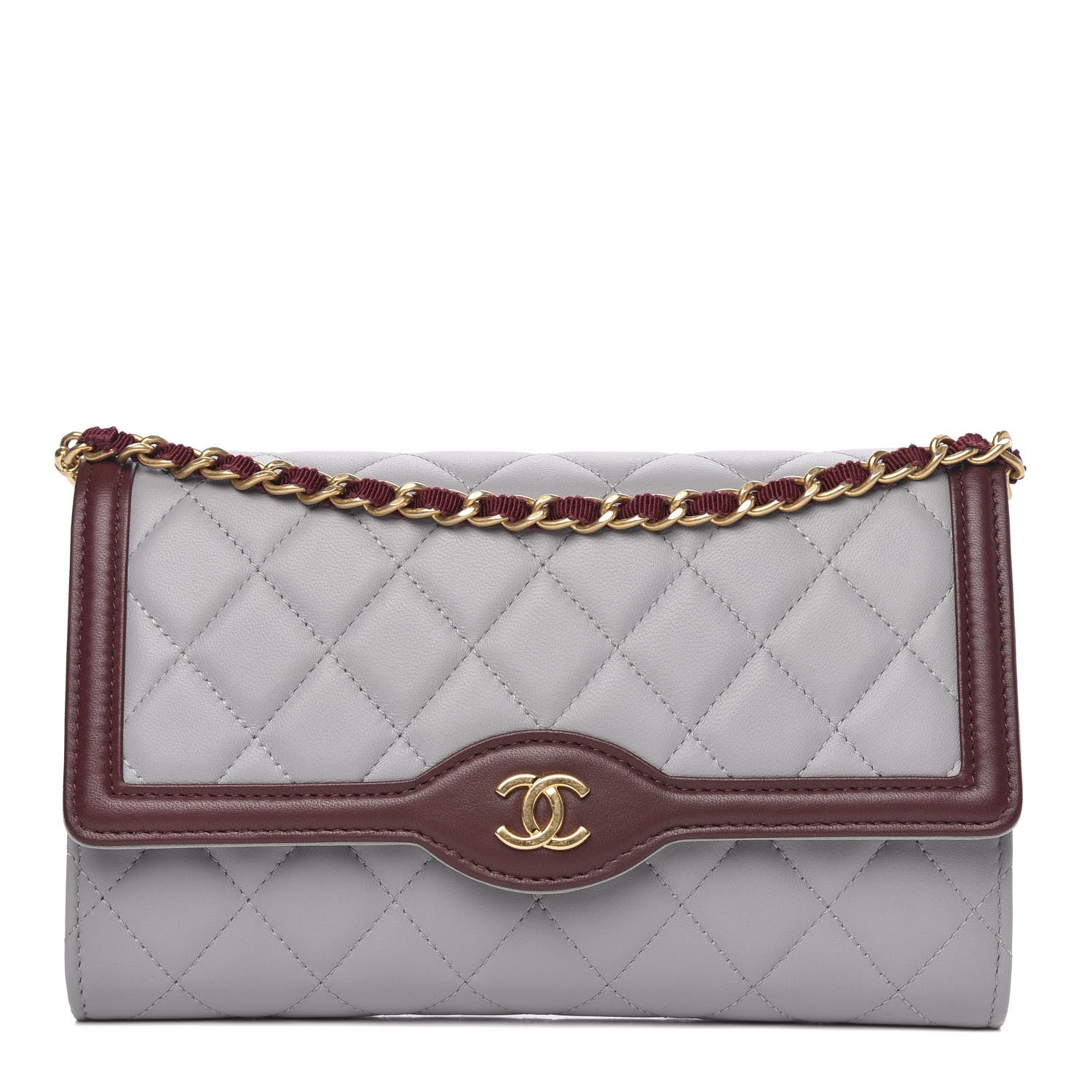 Chanel Lambskin Quilted Wallet With Removable Chain Grey Burgundy 1 of 11