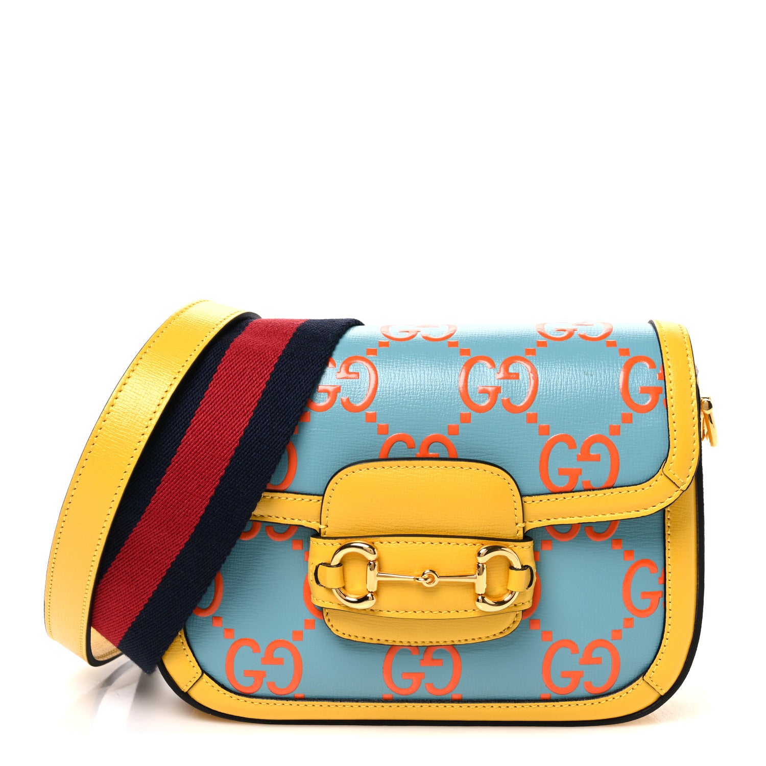Gucci Azalea Calfskin GG Monogram Bi-Color Debossed Horsebit 1955 Shoulder Bag Dusty Azure Stone Topaz Deep Orange 1 of 9