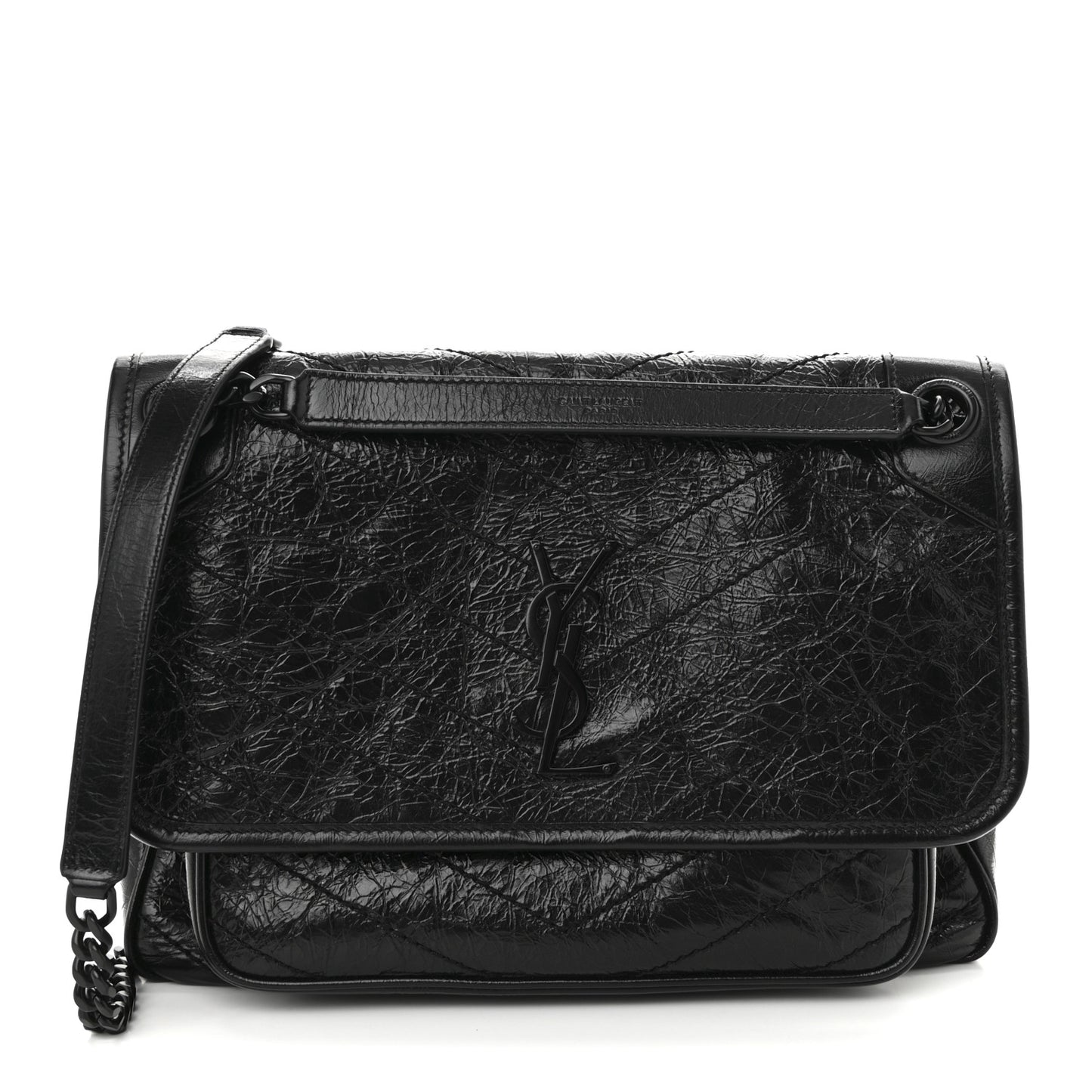 Crinkled Calfskin Matelasse Monogram Medium Niki Chain Satchel Black