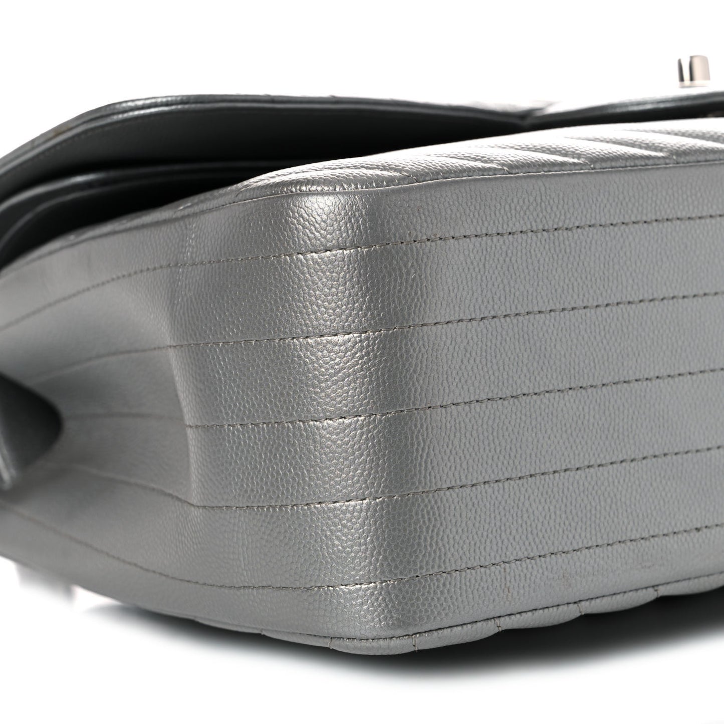Metallic Caviar Chevron Quilted Jumbo Double Flap Silver