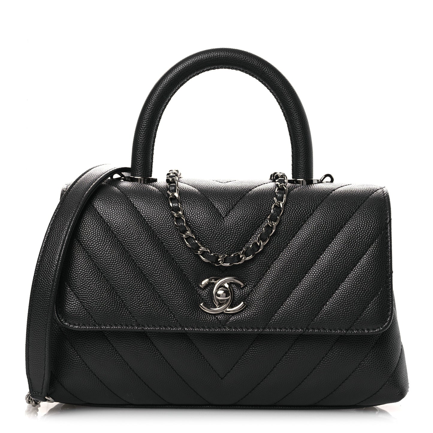 Caviar Chevron Quilted Mini Coco Handle Flap Dark Grey