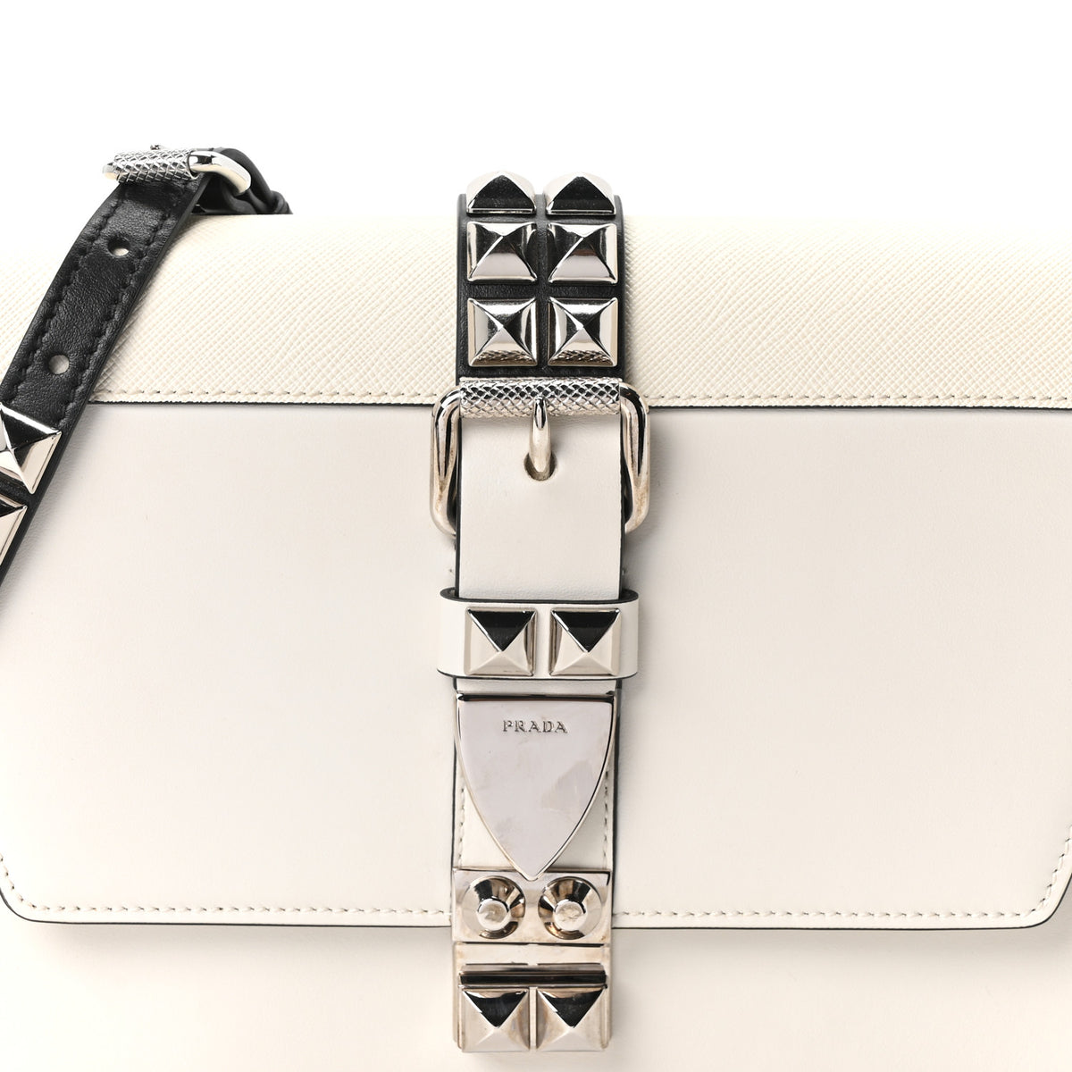 Prada Saffiano City Calfskin Studded Small Elektra Shoulder Bag White Black 7 of 9
