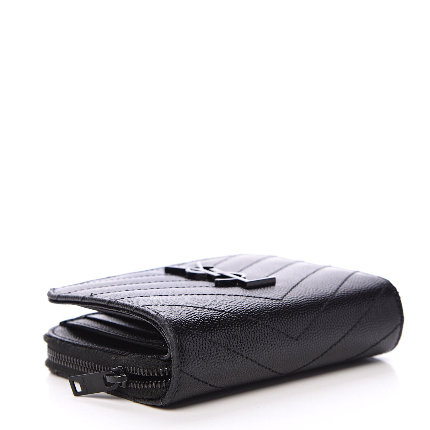 Saint Laurent Grain De Poudre Matelasse Chevron Monogram Compact Zip Around Wallet Black 3 of 11